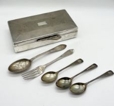 A silver plated cigarette box along with 5 hallmarked silver items of cutlery