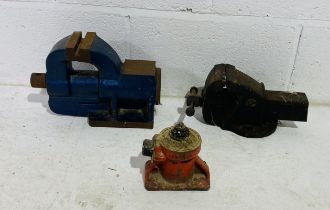 Two vintage bench vices including a Record No 2, along with a Shelley jack