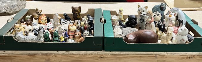 A large collection of ceramic cats over two boxes, includes Beswick, Kats & Co etc. over 3 shelves