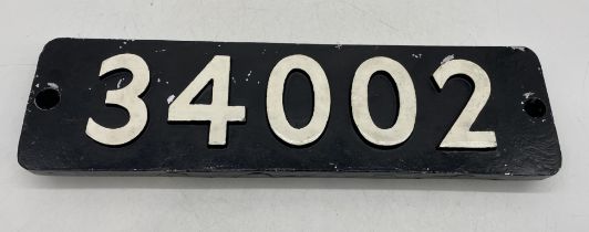 Locomotive Smoke Box Number Plate, cast metal with two mounting holes, 34002 'Salisbury' 4-6-2 Light