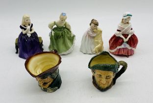 Four Royal Doulton figurines including Peggy, Fair Maiden, Buddies & Affection, along with two small