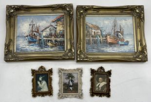 Two gilt framed paintings of harbour scenes signed Florence along with three smaller prints