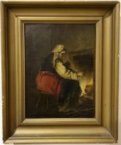 An unsigned 19th century oil on canvas of a lady with her dog in front of a fireplace, 33cm x 24cm