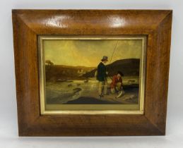A 'glass painting' of "Trout Fishing" in antique style frame