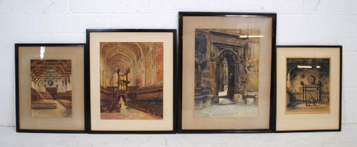 Three framed signed watercolours of Kings College, Cambridge, Westminster Abbey etc. by A. Howard