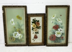 Three antique framed oil paintings on milk glass of various flowers