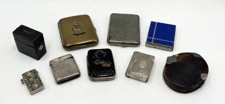 A collection of vestas, Art Deco compact, Asprey leather lighter, travelling vesta and a Georgian