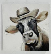 An oil painting on canvas of a cow in a hat - overall size 80cm x 80cm