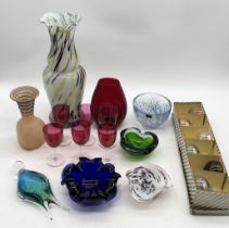 A collection of art glass including Murano, Whitefriars dimple vase, Steninge Slott etc.
