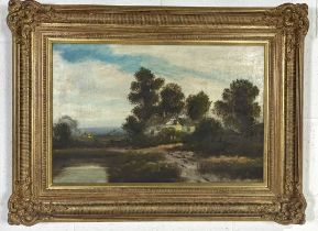 An oil on canvas painting of a river scene in an ornate gilt frame, signed W. King, overall size
