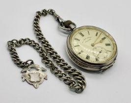 A hallmarked silver pocket watch by H E Peck, London with an SCM Albert (back cover hinge broken)
