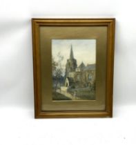 A gilt framed oil on canvas (small tear to canvas) of a Shepherd herding his flock along a rural