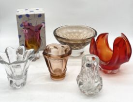A collection of art glass including Bohemia vase and bowl, ruby glass centrepiece, Liskeard Glass