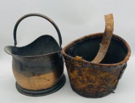 An antique leather bucket (height 25cm), along with a vintage copper coal helmet