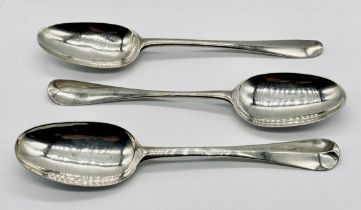 Three hallmarked silver Georgian spoons dating from 1730-1769, total weight 174.6