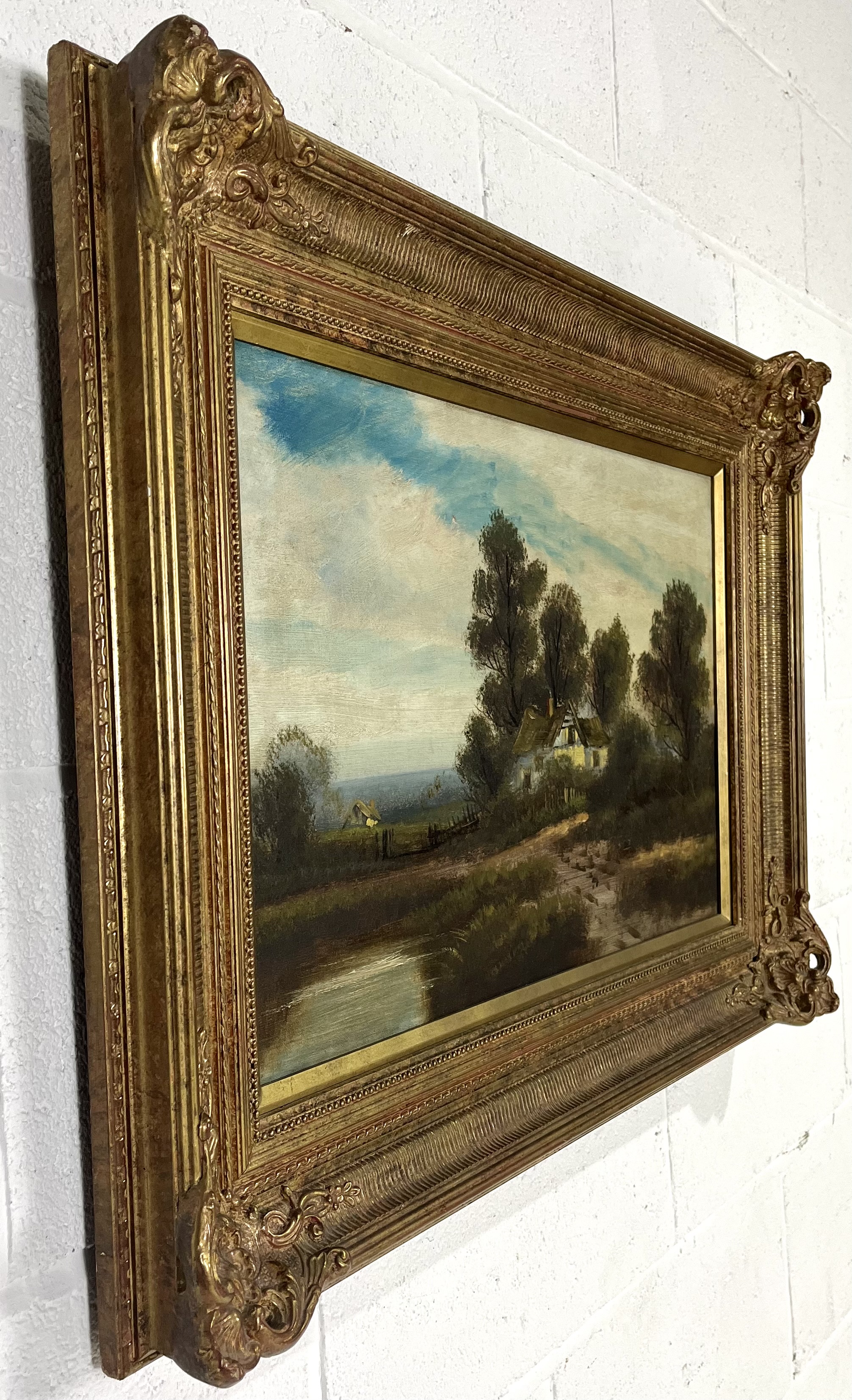 An oil on canvas painting of a river scene in an ornate gilt frame, signed W. King, overall size - Image 4 of 6