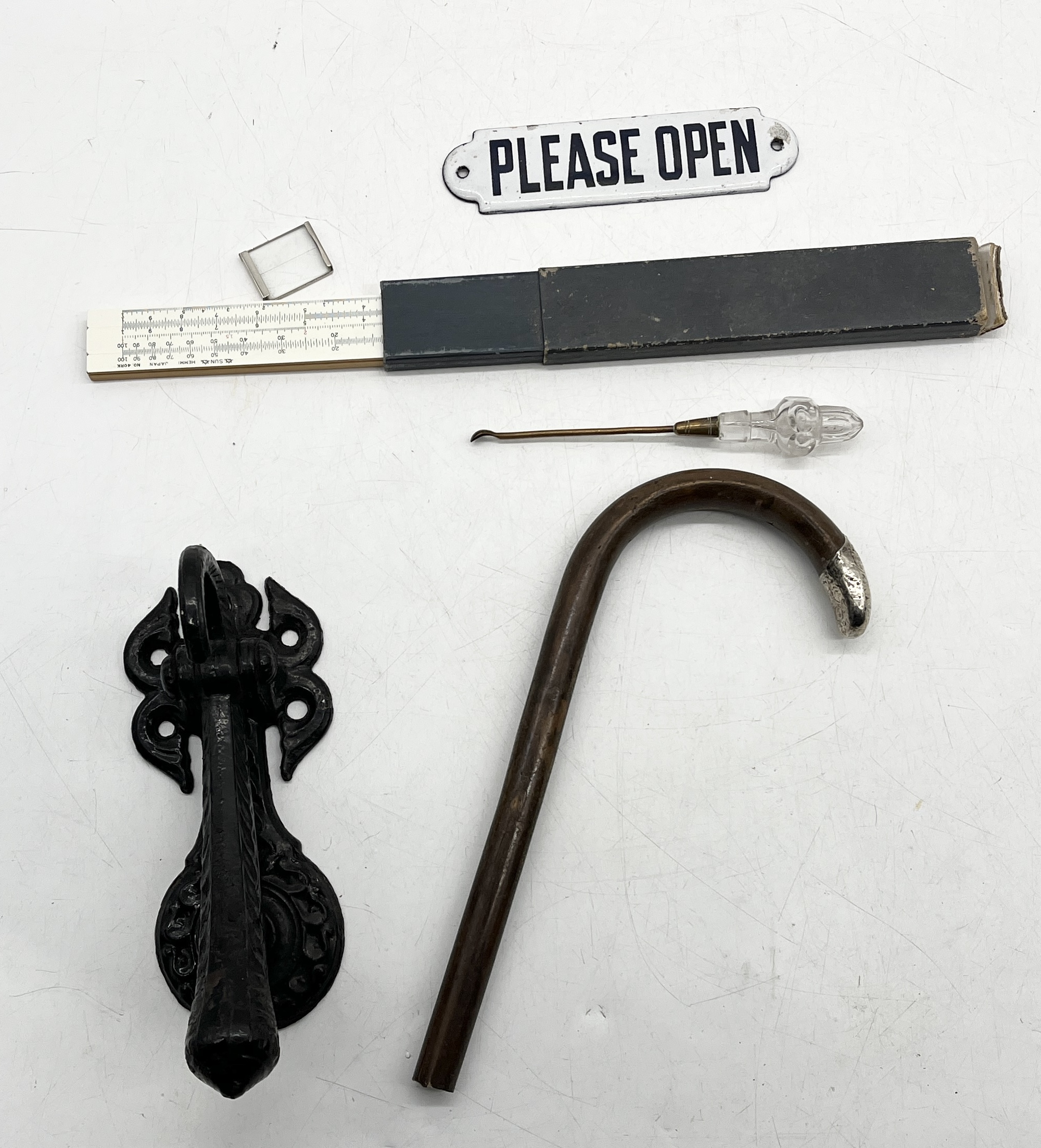 An assortment of items including antique folding set of coat hooks, ink well, lead figure, glasses - Image 7 of 7