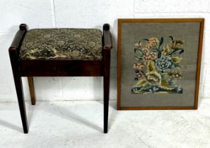 An Edwardian piano stool (upholstery in need of repair) along with a framed tapestry.