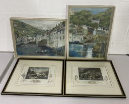 Two oil paintings of harbour scenes along with two prints "The battle of La Hogue" and "Admiral