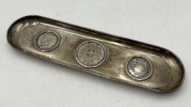 A Maltese hallmarked silver tray inset with three Maltese coins, a 2 Scudi and two 15 Tari