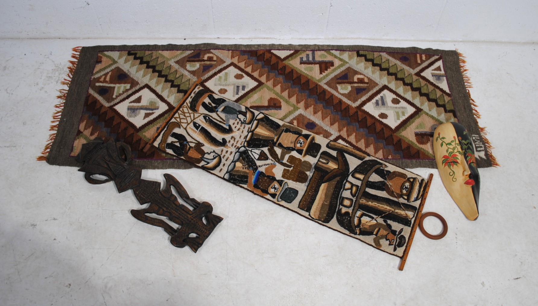 Two African tribal wall hangings, along with a carved tribal figure etc. - Image 2 of 6