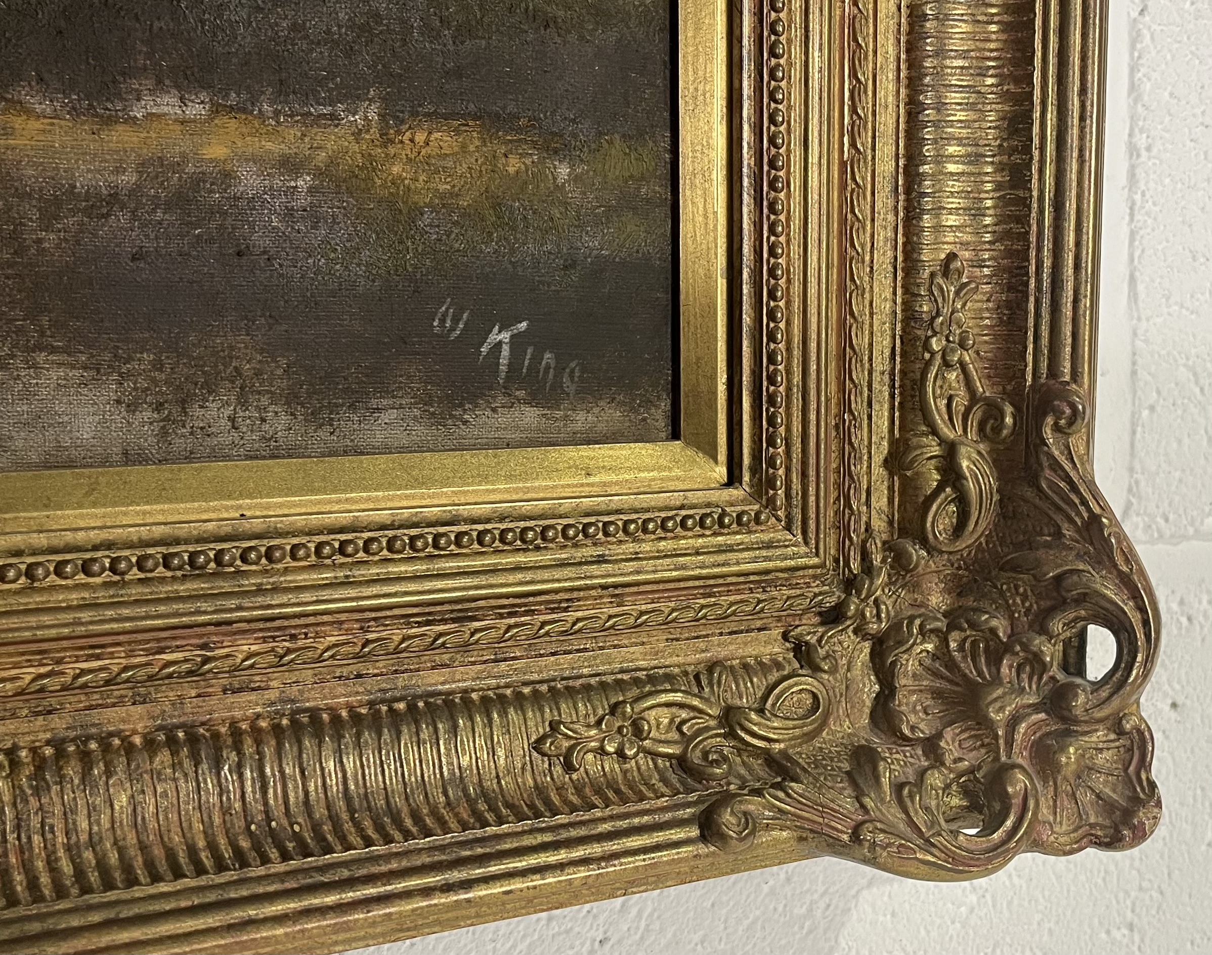 An oil on canvas painting of a river scene in an ornate gilt frame, signed W. King, overall size - Image 3 of 6