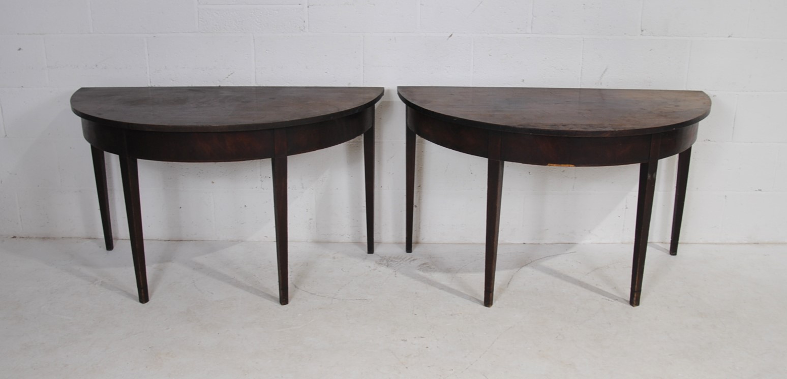 A pair of Georgian mahogany demi lune tables, raised on tapering legs - Image 6 of 8
