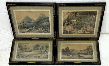 Four framed vintage hunting prints "Snipe Shooting" "Grouse Shooting" "Partridge Shooting" and "