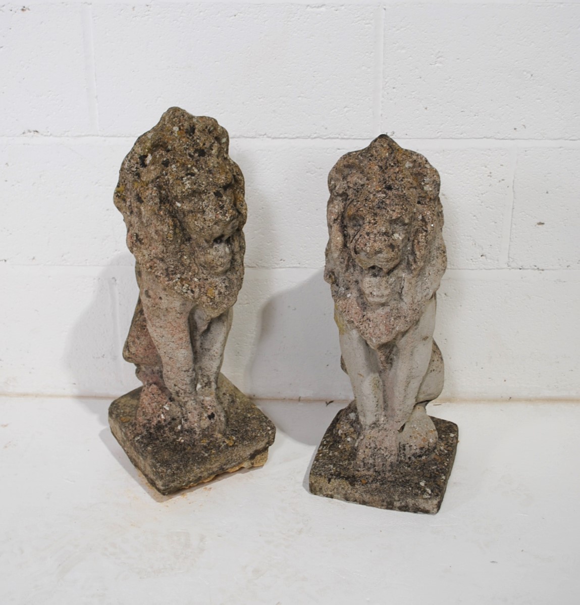 A pair of weathered garden lions - height 60cm