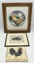 A watercolour of a Rooster by Bob Cox along with a framed print of chickens and painted wooden panel