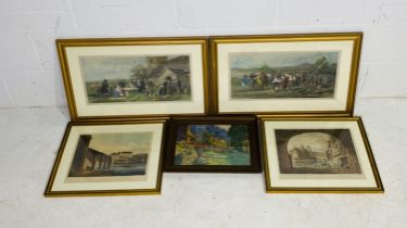 A collection of five various framed antique pictures including two Aquatints of Paris scenes by J,