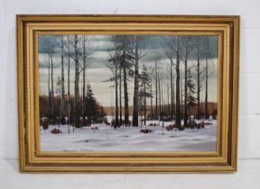 A gilt framed oil on canvas of a winter landscape, signed 'A Bulakov?, 1990' - 106.5cm x 76cm