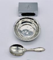 A small hallmarked silver dish, match box cover and single silver spoon, total weight 64.5g