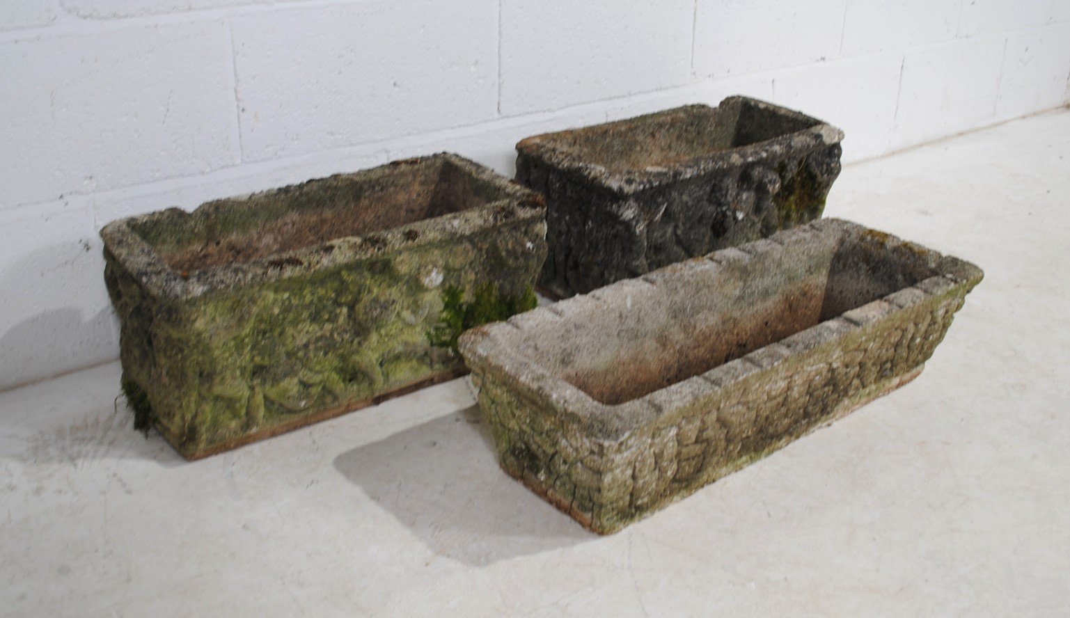 A pair of weathered reconstituted stone garden troughs (length 55cm), along with one other (71cm) - Image 3 of 6
