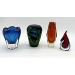 Four art glass vases including a Whitefriars Molar vase, Murano Sommerso faceted vase, Bohemia