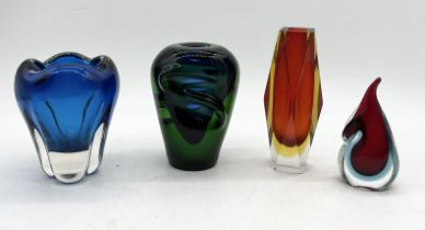 Four art glass vases including a Whitefriars Molar vase, Murano Sommerso faceted vase, Bohemia