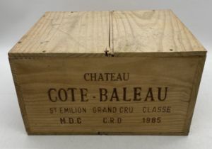 An unopened crate of 6 bottles of Chateau Cote-Baleau St Emillion Grand Cru Classe 1985