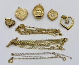 A collection of 9ct gold including chains, lockets and pendants, total weight 9g