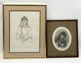 A framed pencil sketch by John Eveleigh (1926-2016) showing a young woman inscribed to the back "