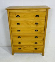 A pine chest of six drawers. 85cm x 41cm, height 116cm