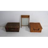 A vintage washboard along with two wicker hampers/baskets