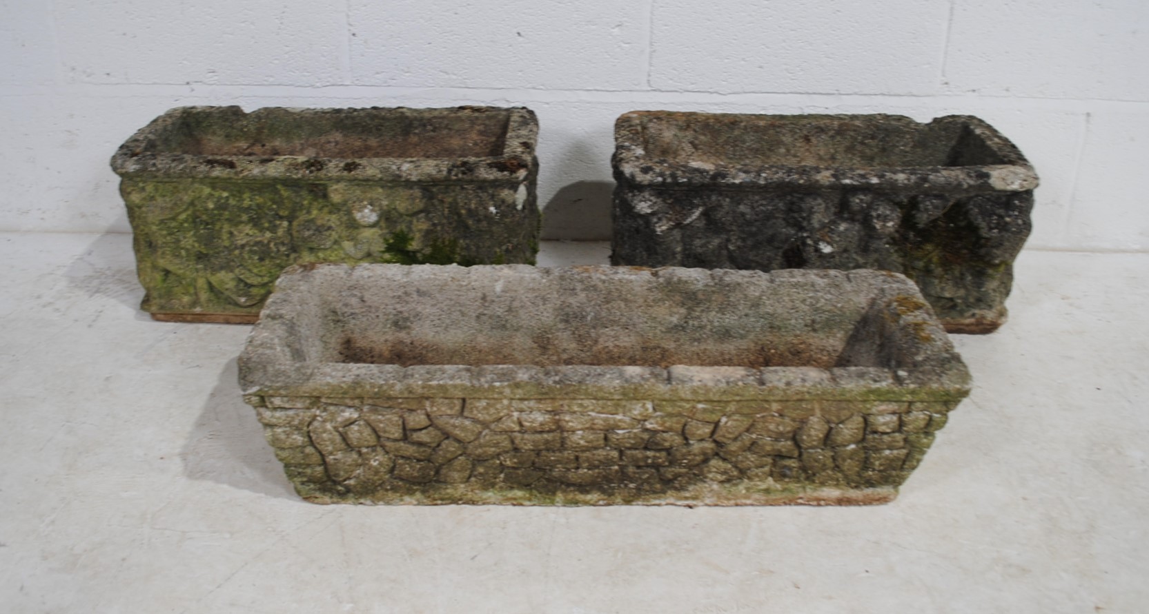 A pair of weathered reconstituted stone garden troughs (length 55cm), along with one other (71cm) - Image 2 of 6