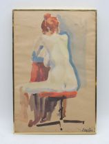 A framed watercolour of a nude lady, with indistinct signature, possibly Mutti - 26cm x 39cm