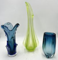 Three art glass vases including large Viking uranium vase, Czech glass vase etc