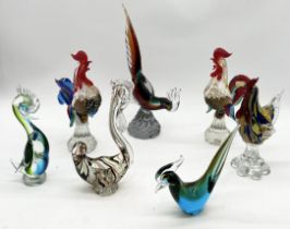 A collection of seven art glass birds including Murano cockerels