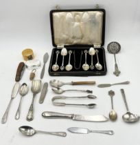 A cased set of silver plated coffee spoons along with various silver plated cutlery