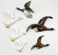 A collection of ceramic flying ducks including graduated set of three white ducks, two larger