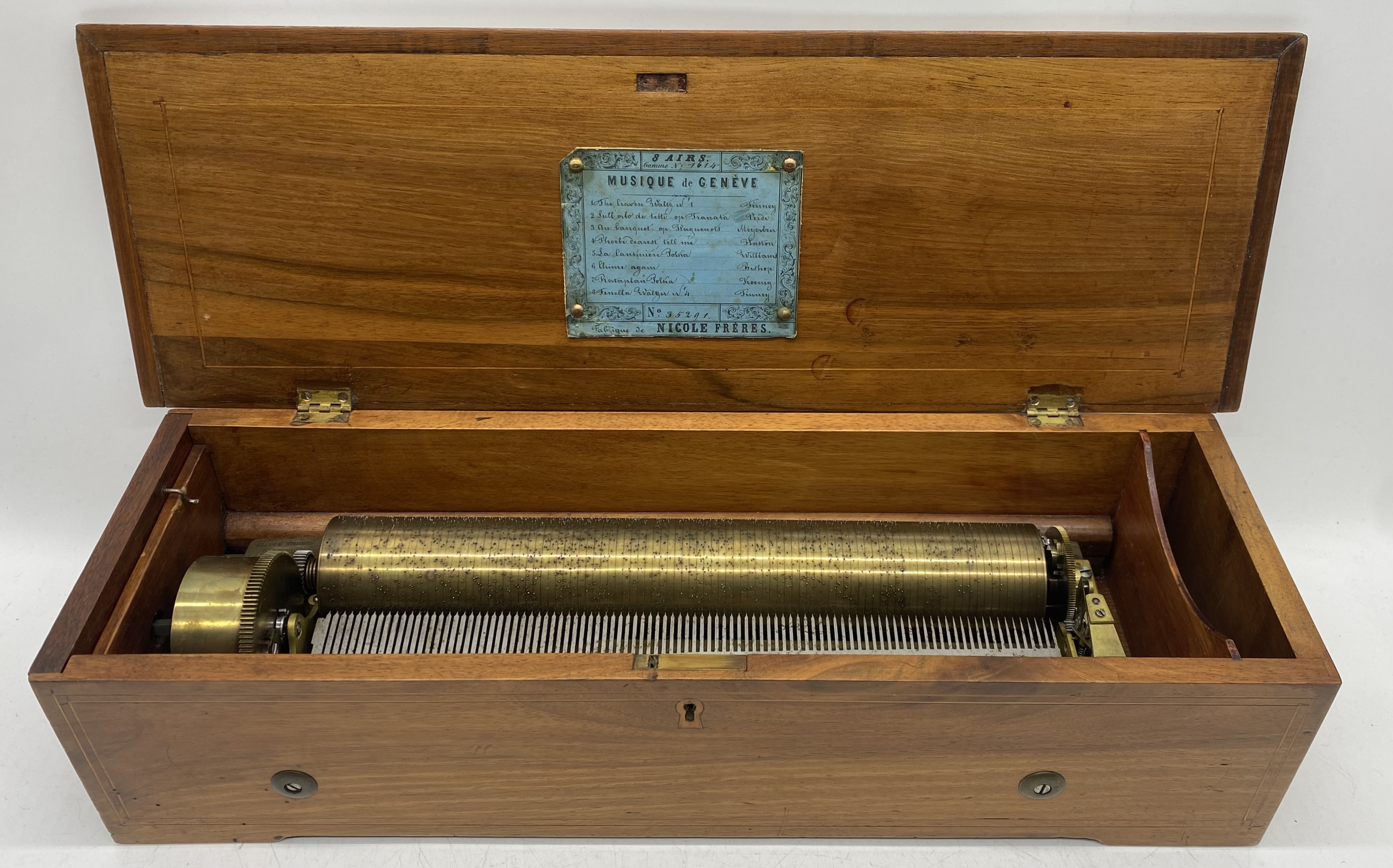 A Nicole Freres 19th century 8-airs music box, housed within a rosewood case with inlay to lid,