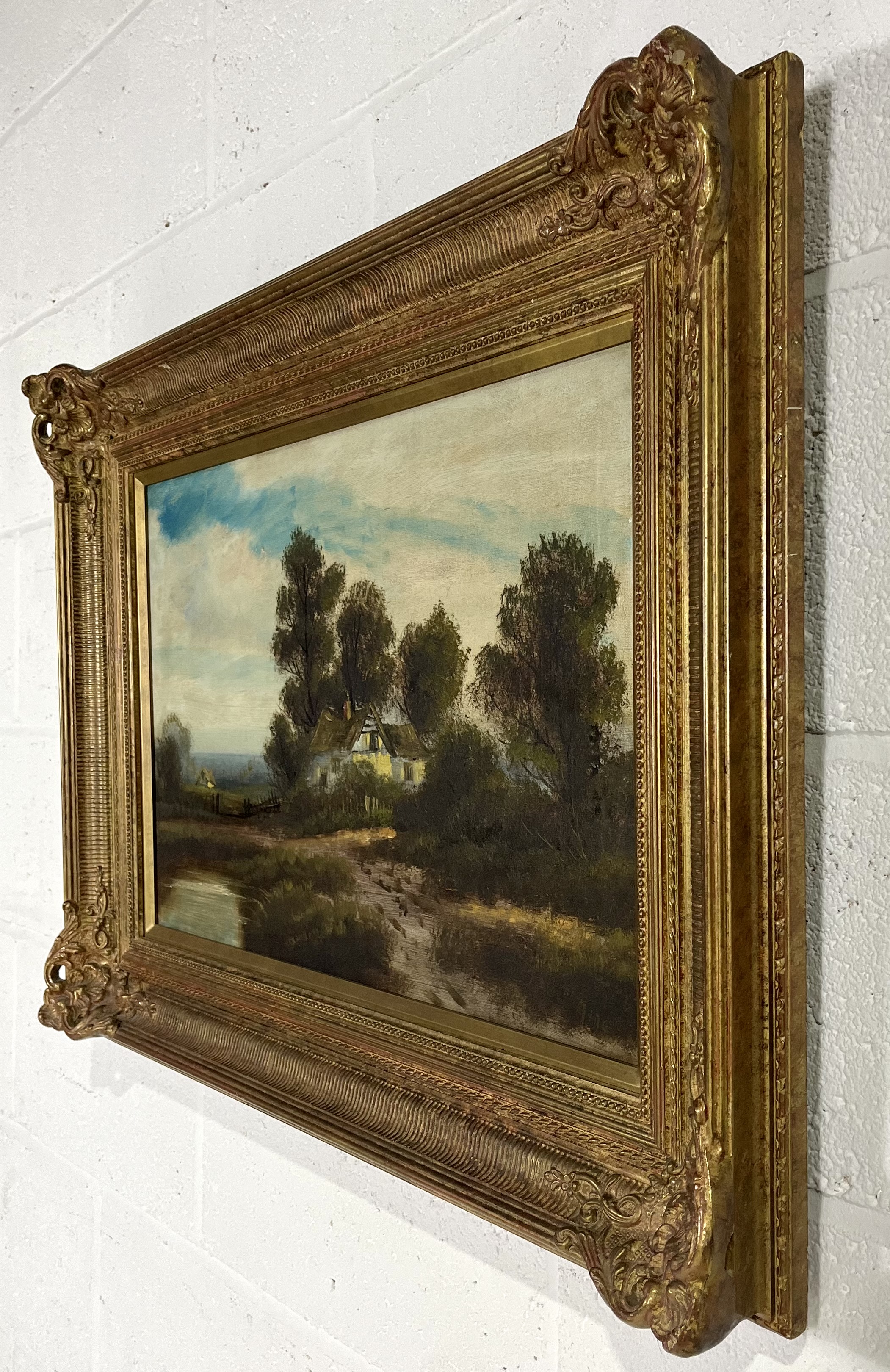 An oil on canvas painting of a river scene in an ornate gilt frame, signed W. King, overall size - Image 5 of 6