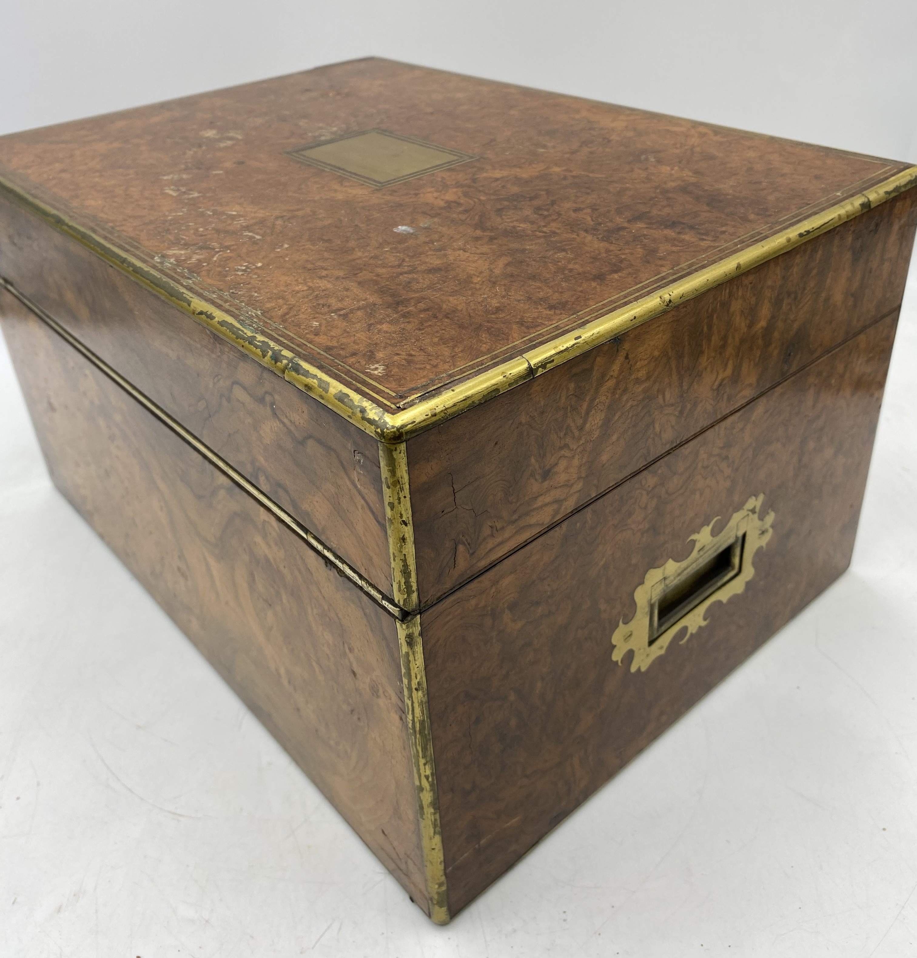 A brass bound burr walnut silver fitted dressing box with an arrangement of silver lidded bottles ( - Image 13 of 13